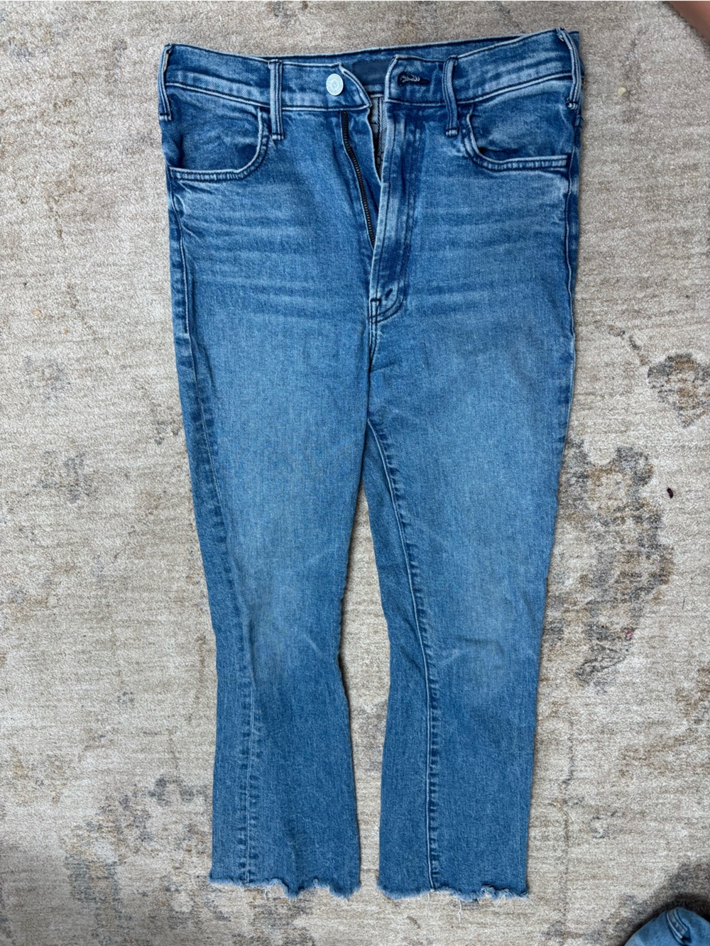 MOTHER Medium Blue Slight Bootcut Jeans with Raw Hem